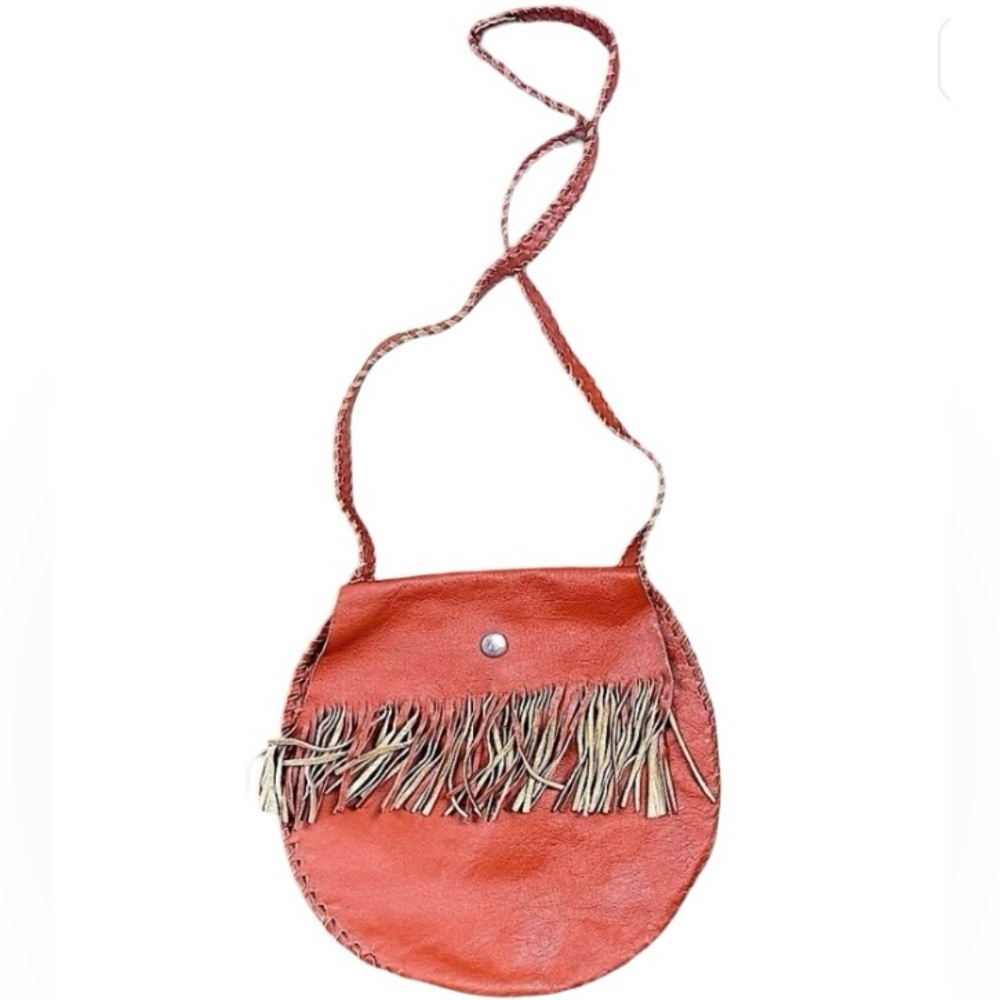 Vintage Leather Orange Bag with Fringe and Snap Closure
